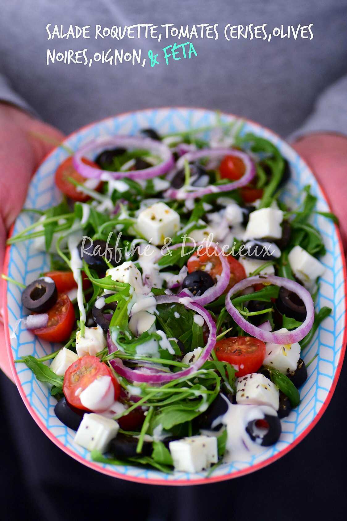 Recette De Salade De Roquette Tomates Cerises Olives Noires Oignons Et F Ta