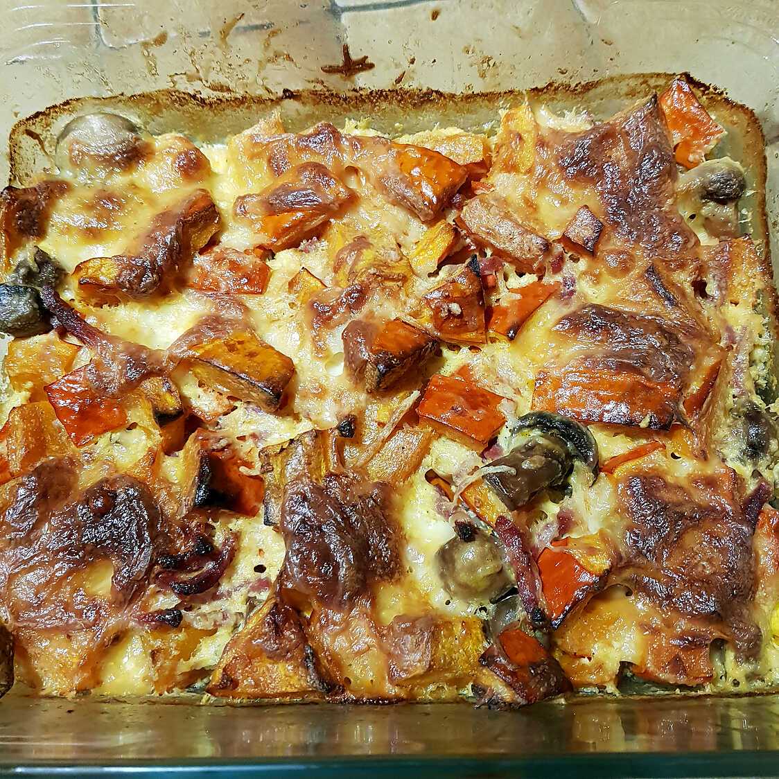 Recette de Gratin de potimarron aux lardons et aux champignons