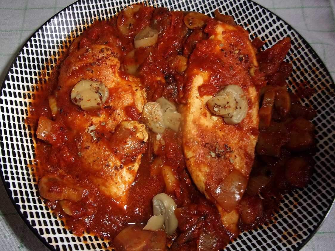 Recette D'Aiguillettes De Poulet.champignons.sauce Tomates.