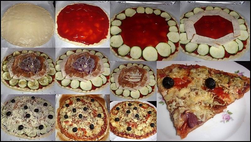 recette pizza aux 2 jambons.courgette,et 3 gruyères râpés.