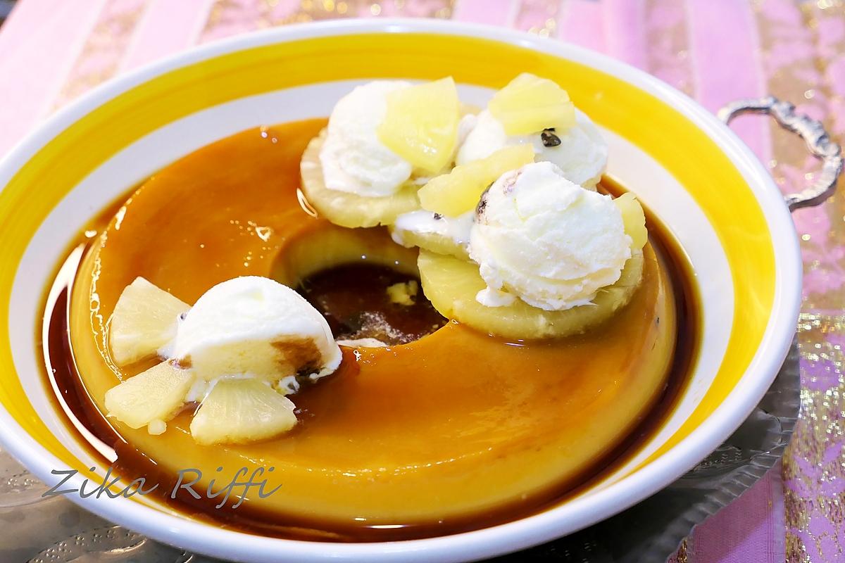 recette FLAN MAISON A L'ANANAS- CARAMEL ET BOULES DE GLACE VANILLE