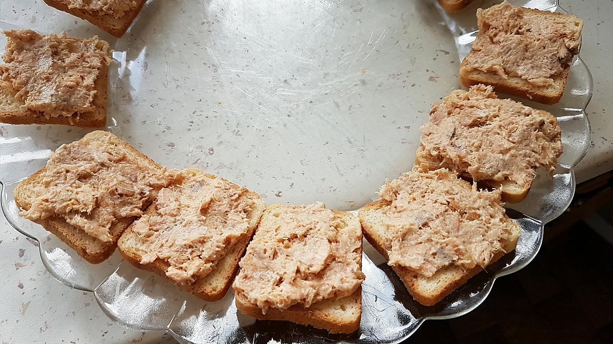 recette Verrines Thon/pêches/fromage blanc et toasts aux rillettes de saumon maison