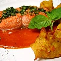 recette Saumon, coulis de tomates rôties et pommes dauphines à la patate douce et au romarin