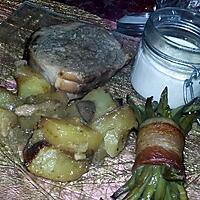 recette Rôtis au pommes de terre au sirop de noisette et au champignons, fagots d'haricot vert et sauce au foie gras