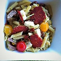 recette Salade terre-mer: pennes, chorizo, thon, courgettes et maïs