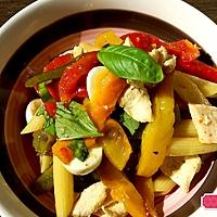 recette Salade de pâtes au poulet , poivrons grillés, mozzarella ,basilic