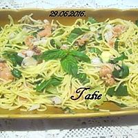 recette Spaghettis aux légumes.saumon fumé.poivrer.