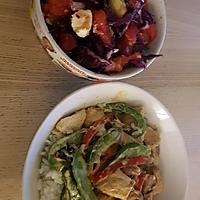 recette Salade de choux rouge et ses légumes sauté au poulet sur un lit de riz blanc